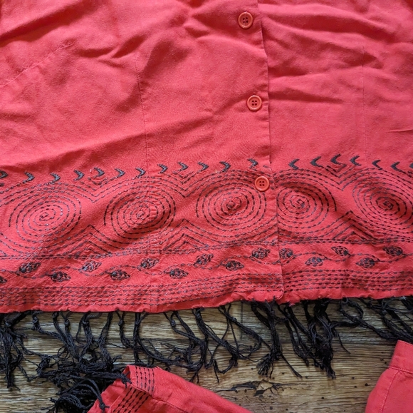 red fringe embroidered pants outfit geometric design button up shirt - Picture 7 of 11